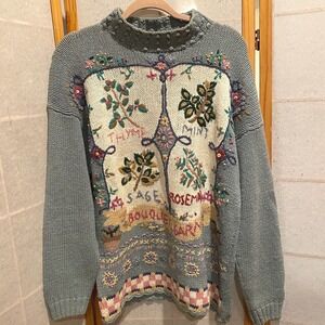 BelldochPopper Women's L Mock Neck Embroidered Herb Garden Sweater